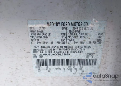 2019 Lincoln Nautilus Reserve z USA, uszkodzony, nr VIN 2LMPJ8L9XKBL65999